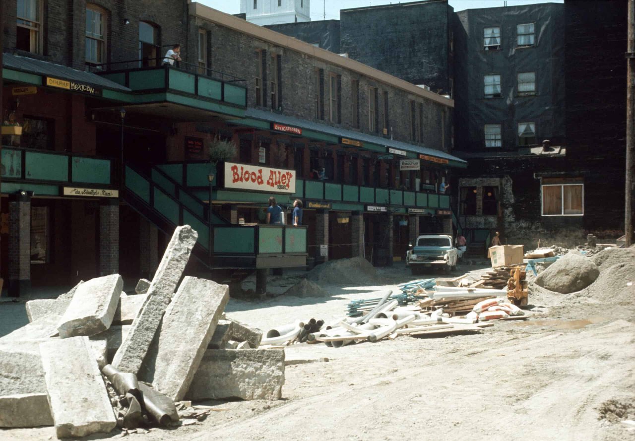 Blood Alley Square and Trounce Alley under construction, 1973. City of Vancouver Archives, CVA 780-521.