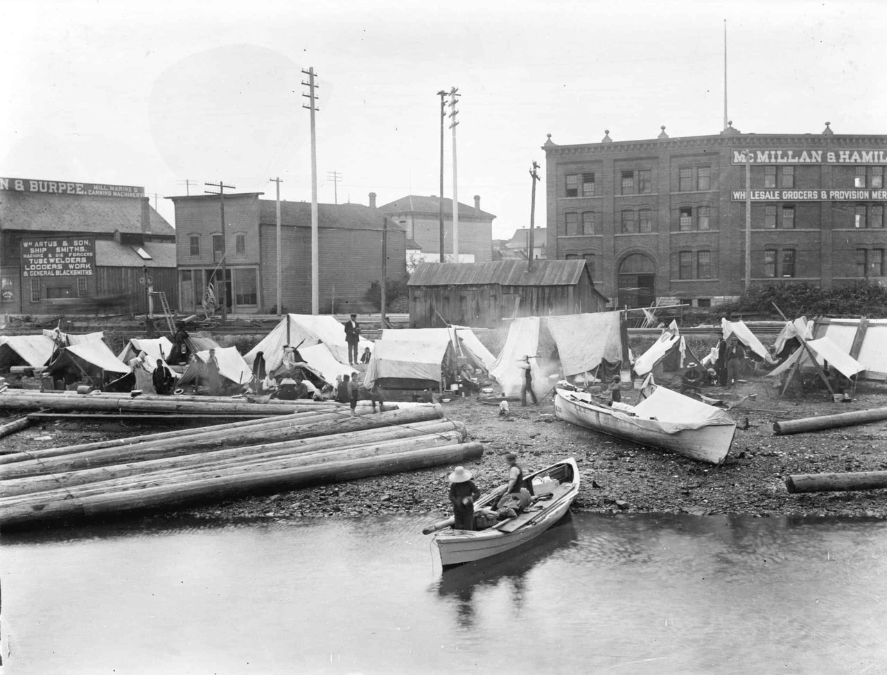 First nations people camped on Alexander Street beach, at foot of Columbia Street, 1898. City of Vancouver Archives, IN N12.