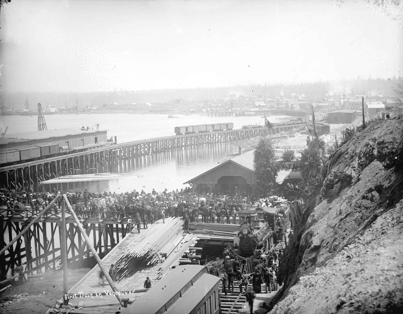 Crowds at C.P.R. station viewing the arrival of the first train in Vancouver, 1887. Source: City of Vancouver Archives  LGN 460.