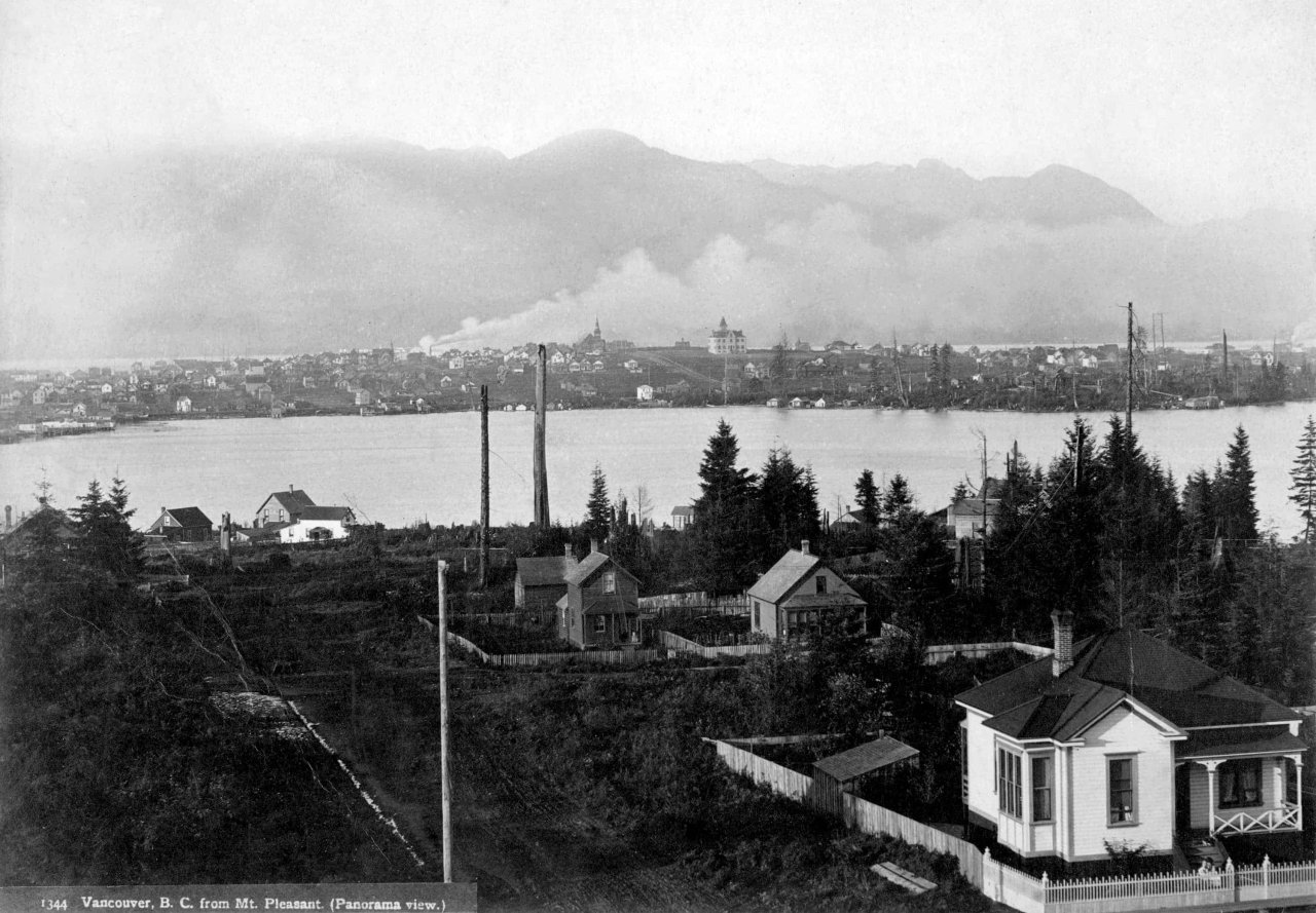 View of Lord Strathcona School across False Creek from Mount Pleasant, 1891. Source: City of Vancouver Archives LP 189