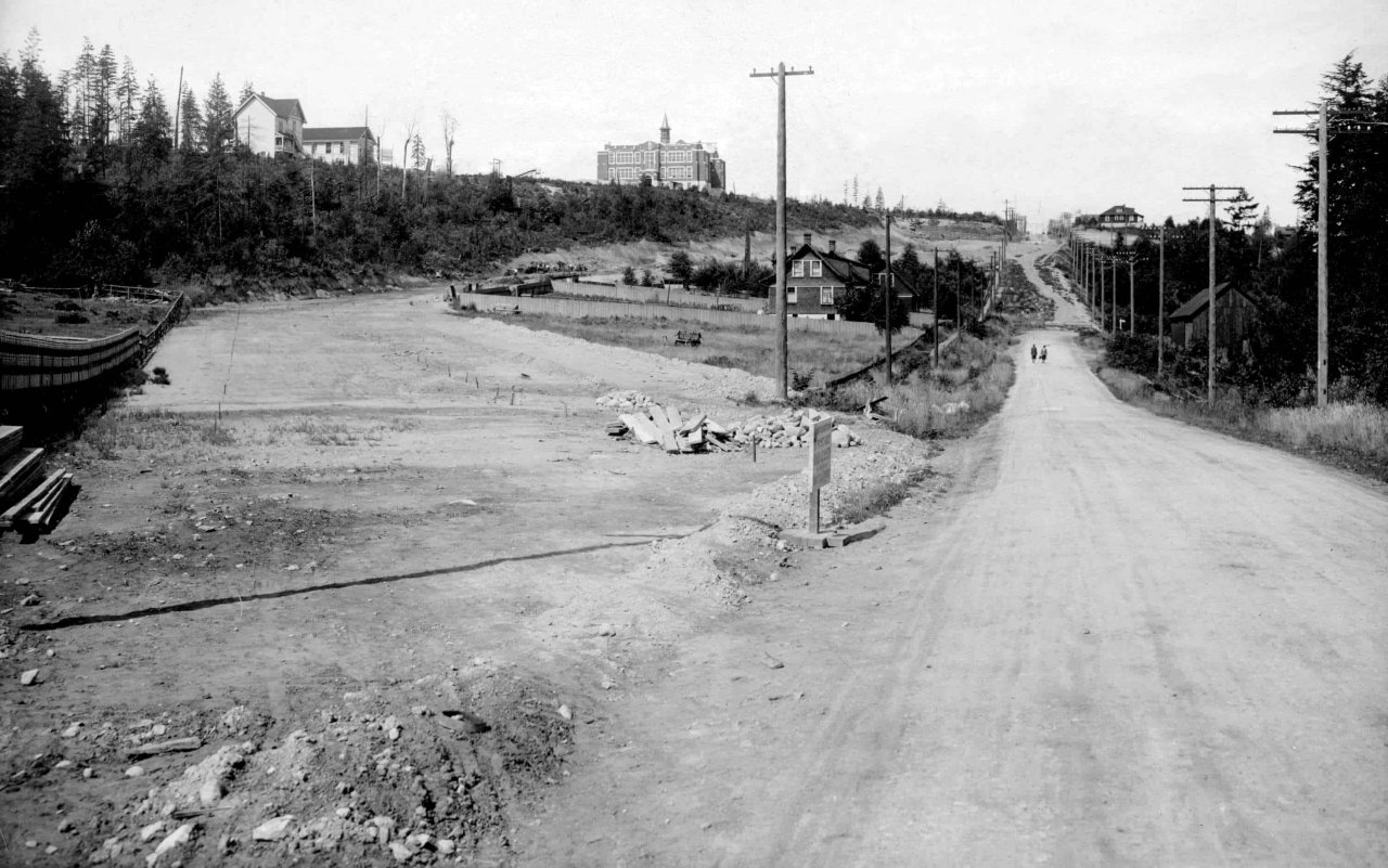 View of University (Fourth) Avenue diversion with Queen Mary School in the background in 1915. Source: City of Vancouver Archives 371-819