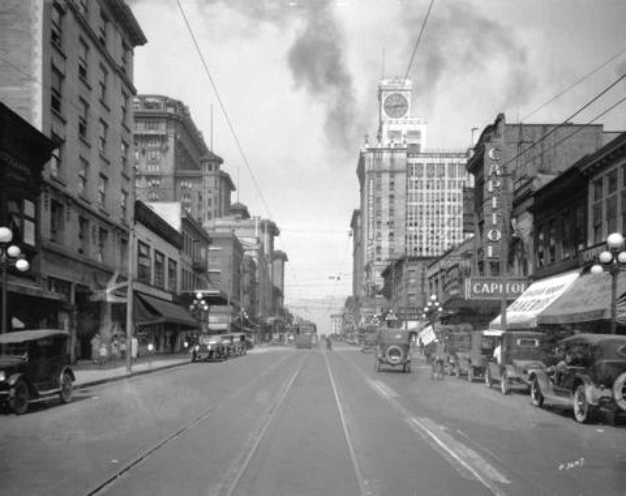 View of Granville Street looking north from Smithe Street in the 1920s.  Source: City of Vancouver Archives Str N187