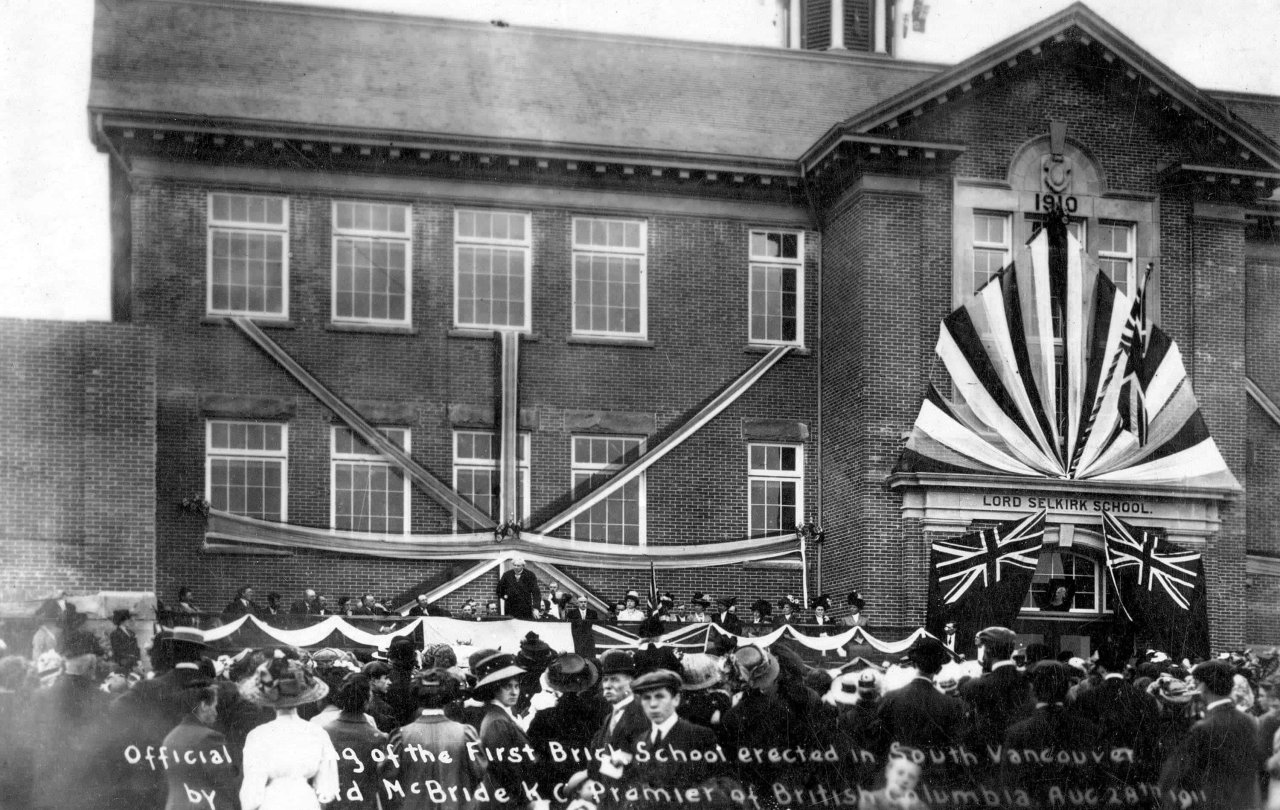 Official opening of Lord Selkirk School in 1911, the first brick school erected in South Vancouver by Richard McBride, K.C. Premier of British Columbia (August 28, 1911). Source: City of Vancouver Archives 371-797