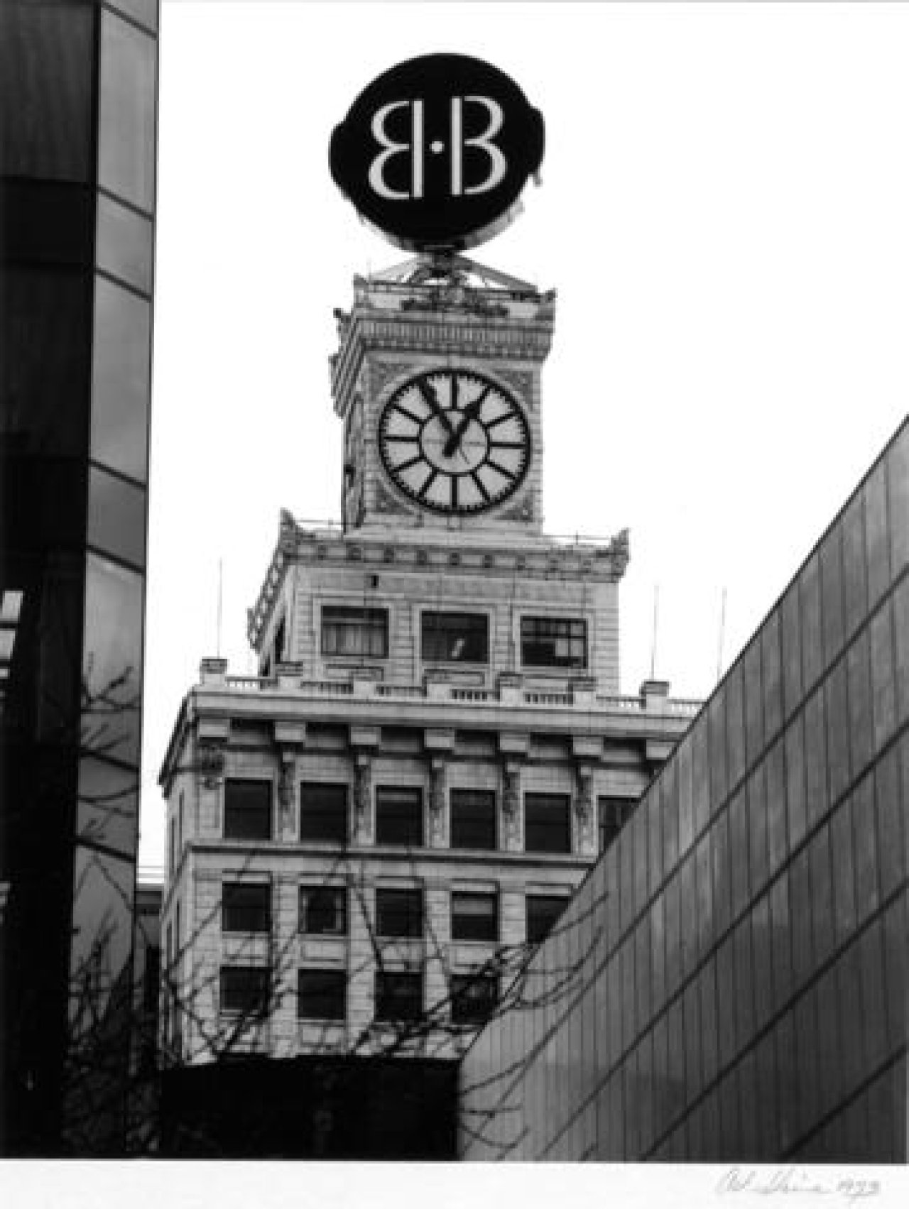 Vancouver Block clock tower view with Birks sign in 1973. Source: City of Vancouver Archives 70-17