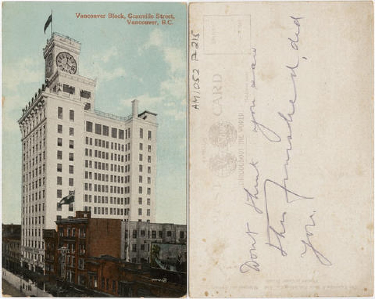 Postcard with image of Vancouver Block and Granville Street from 1913. Source: City of Vancouver Archives AM1052 P-215