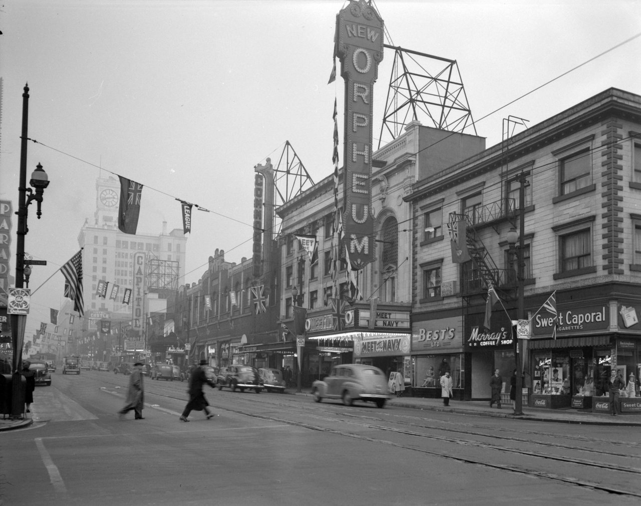 View of Granville Street looking north from Smithe showing the Orpheum Theatre, Commodore, and Capitol Theatre in 1946. Source: City of Vancouver Archives 1184-2290