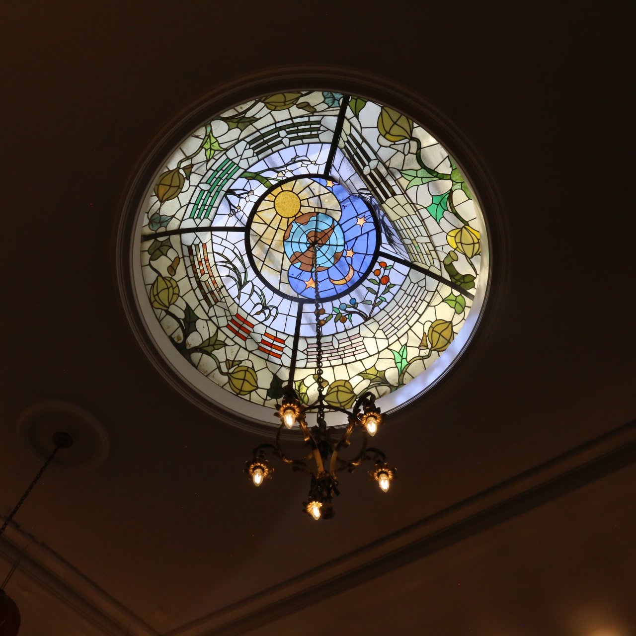 Dome inside the Chin Wing Chun Society building on 158-160 E Pender St, which received a Heritage Conservation Grant  in 2022 to replace the stained glass panel that is part of the dome skylight structure.