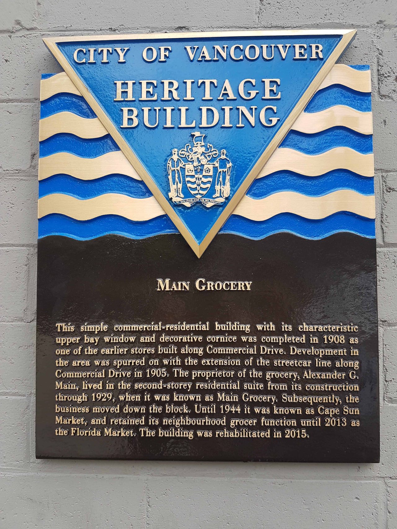 COV Heritage Building Plaque for Main Grocery at 1102 Commercial Dr.