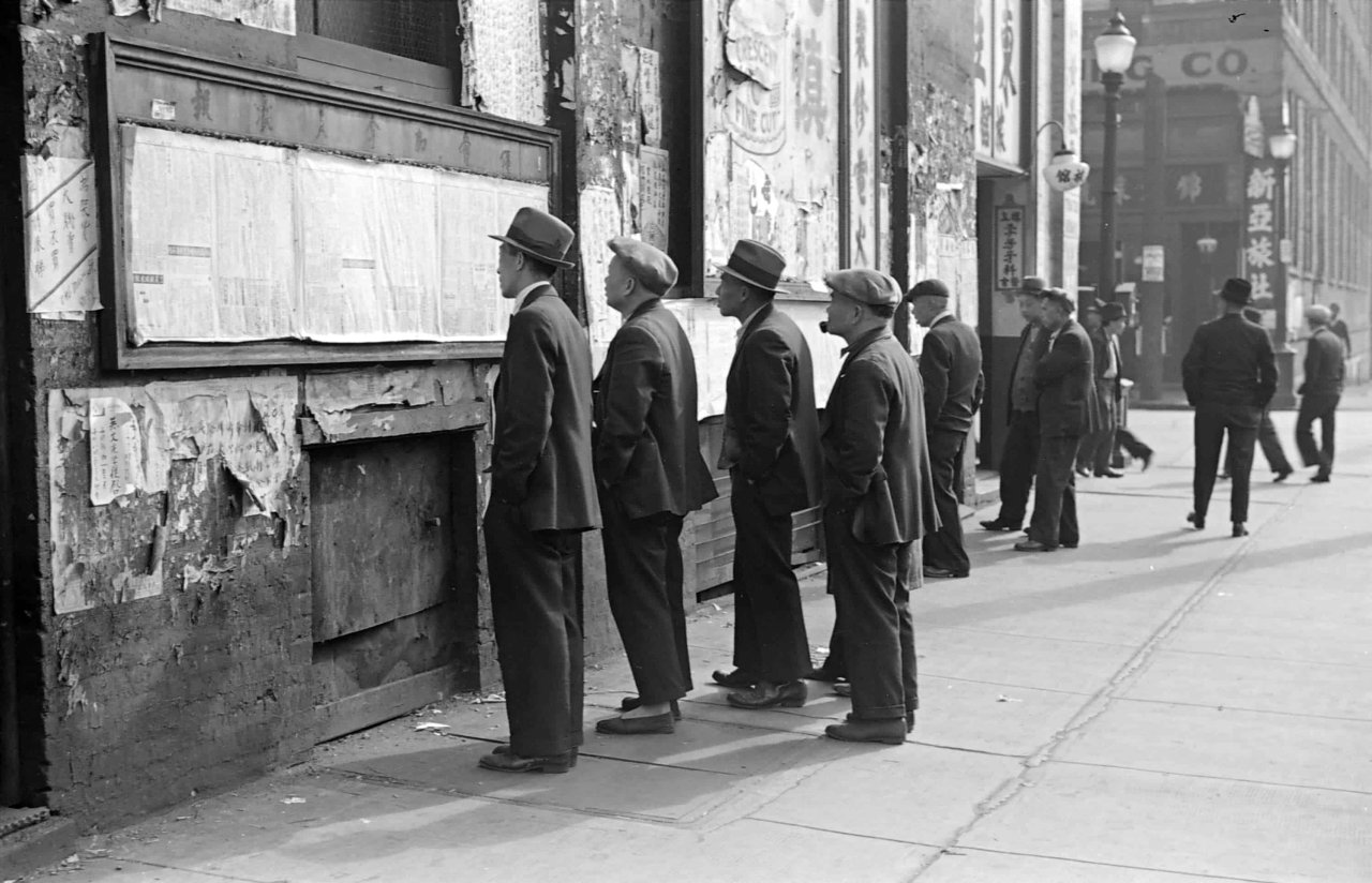 James Crookall, 1937.  CVA 260-758 - [Men reading posted newspapers in Chinatown]