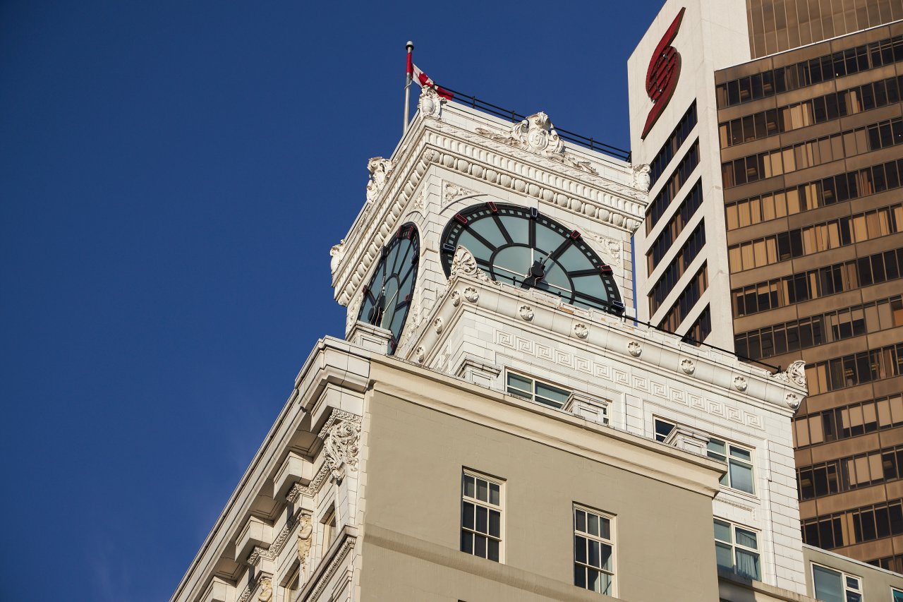 Clock Tower of Vancouver Block Building at 736 Granville Street in 2022. Credit: Martin Knowles Photo/Media